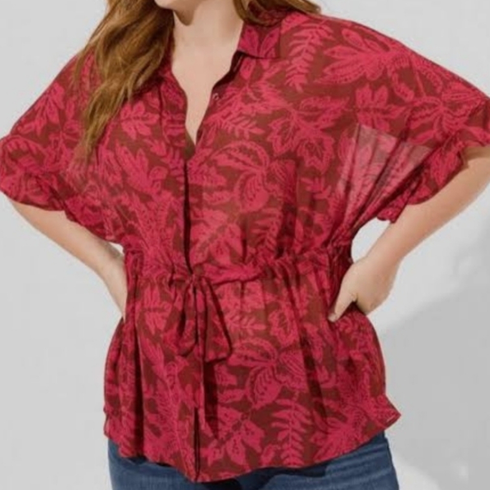 Torrid Chiffon Dolman Button Up Red Floral Tie-Waist Blouse